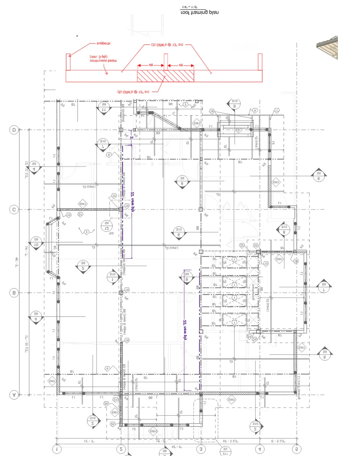 Detailed roof framing plan showing grid lines A-D and 1-5, structural member layouts including beams (B), joists (J), and shear walls (SW), with associated dimensions and a callout for a 3-ply continuous beam detail.