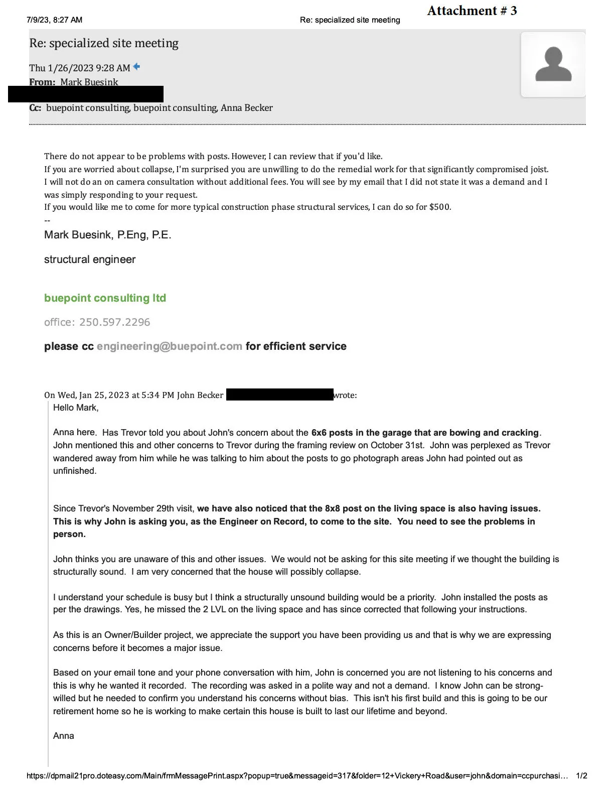 Email correspondence between Mark Buesink and Anna/John Becker regarding site meeting and structural concerns