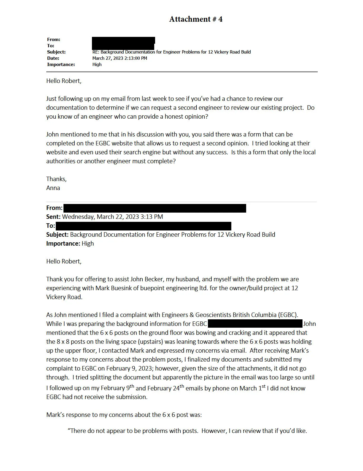 Email correspondence from Anna Becker regarding engineering concerns at 12 Vickery Road