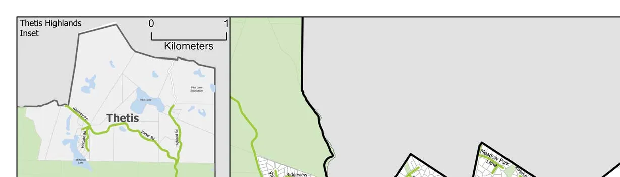 Thetis Highlands Inset map showing residential streets and speed limits near Highland Road and Barker Road