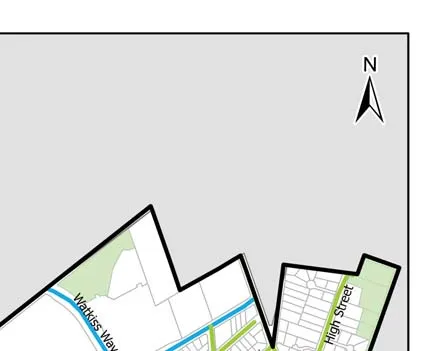 Map section showing the Hospital area, Watkiss Way, and residential streets in the northeast corner