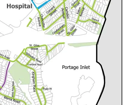 Map section showing Portage Inlet and residential streets south of the Hospital area