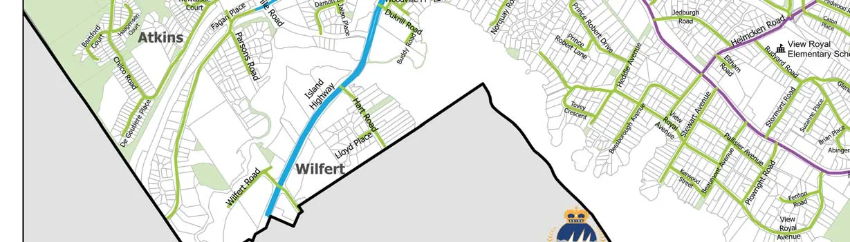 Map section showing the Island Highway, Wilfert neighborhood, and the southern portion of the Atkins neighborhood
