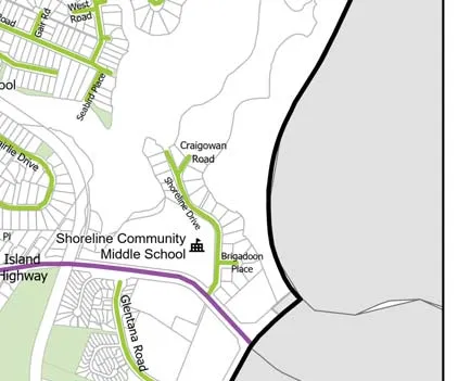 Map section showing Shoreline Community Middle School, View Royal Elementary School, and surrounding residential streets in the Helmcken area