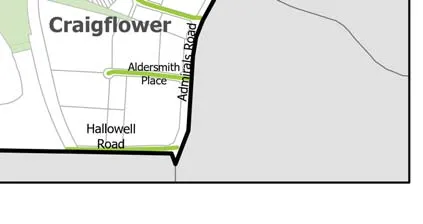 Map section showing the Craigflower neighborhood, Admirals Road, and Hallowell Road in the southeast corner