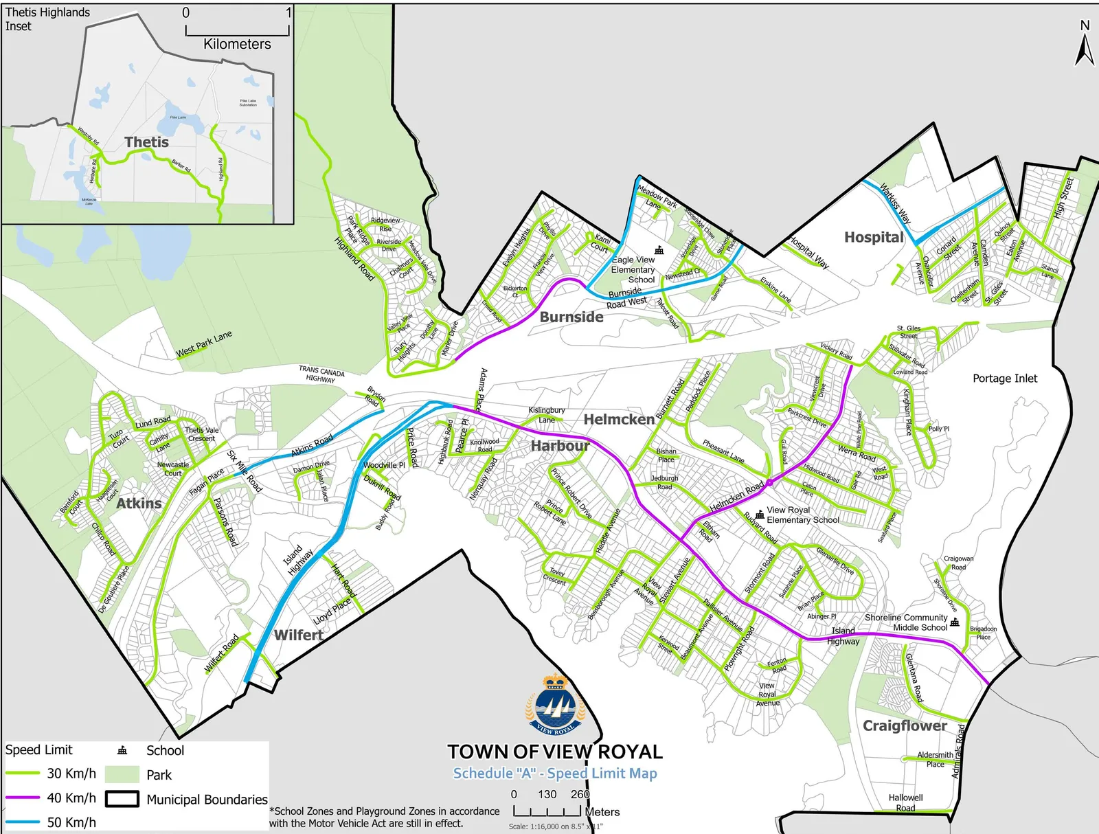 Town of View Royal Schedule "A" - Speed Limit Map showing 30 km/h, 40 km/h, and 50 km/h zones across the municipality