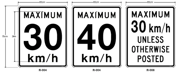 Engineering diagrams of speed limit signage for 30 km/h (R-004), 40 km/h (R-004), and a 30 km/h "Unless Otherwise Posted" sign (R-006)