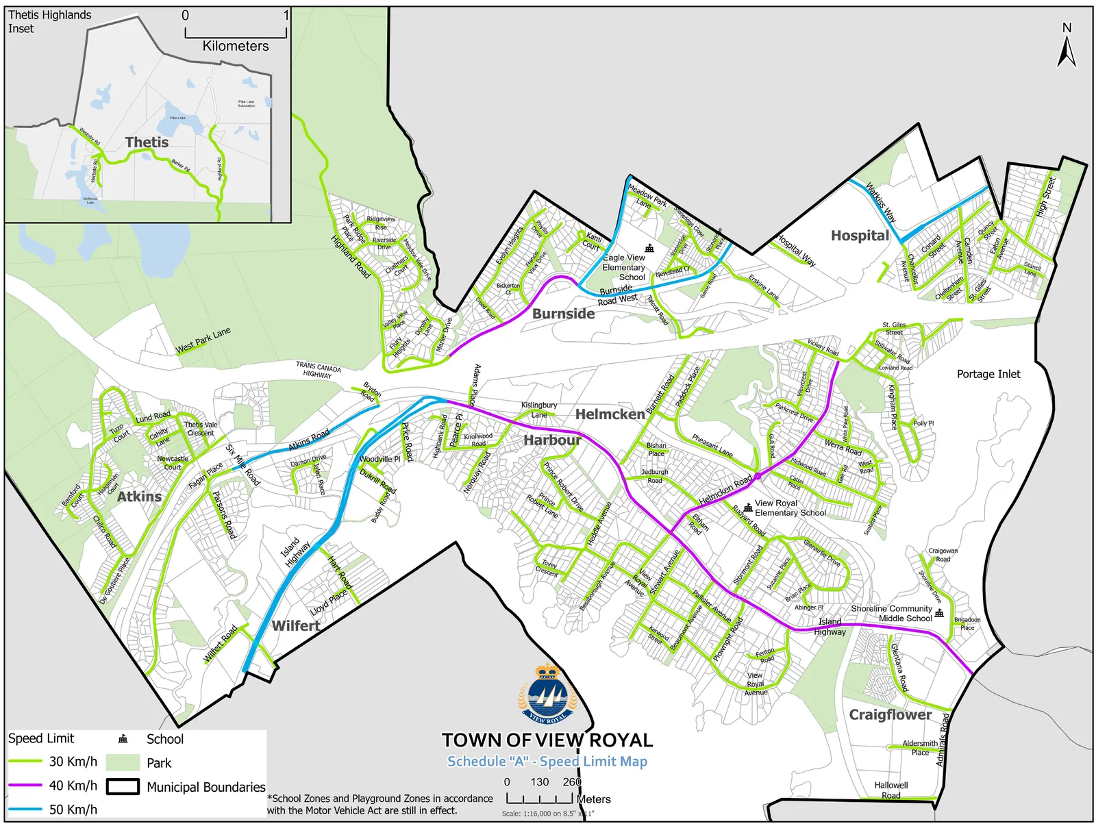 Schedule "A" - Speed Limit Map for the Town of View Royal indicating speed limits of 30 km/h, 40 km/h, and 50 km/h across various municipal neighborhoods