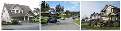 Three photos of detached houses and residential streetscapes