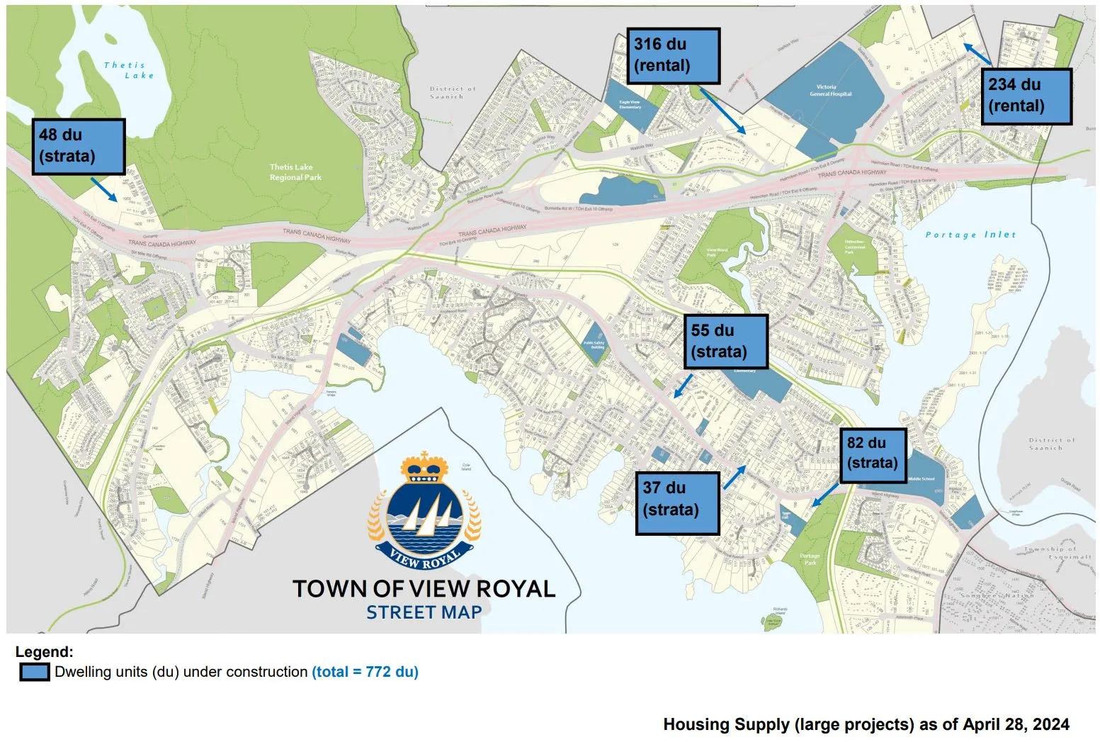 Map identifying total number of dwelling units under construction in View Royal as of April 28, 2024