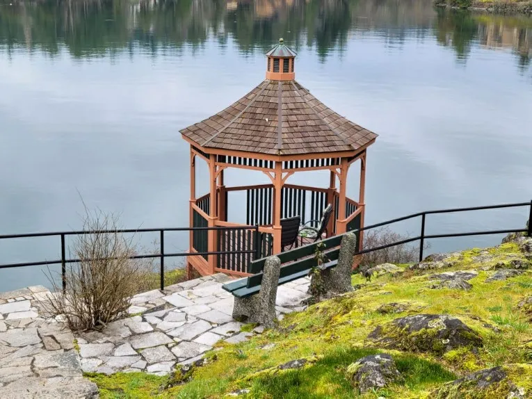 View of gazebo, walkway, and bench at the Gibraltar Bay strata common property
