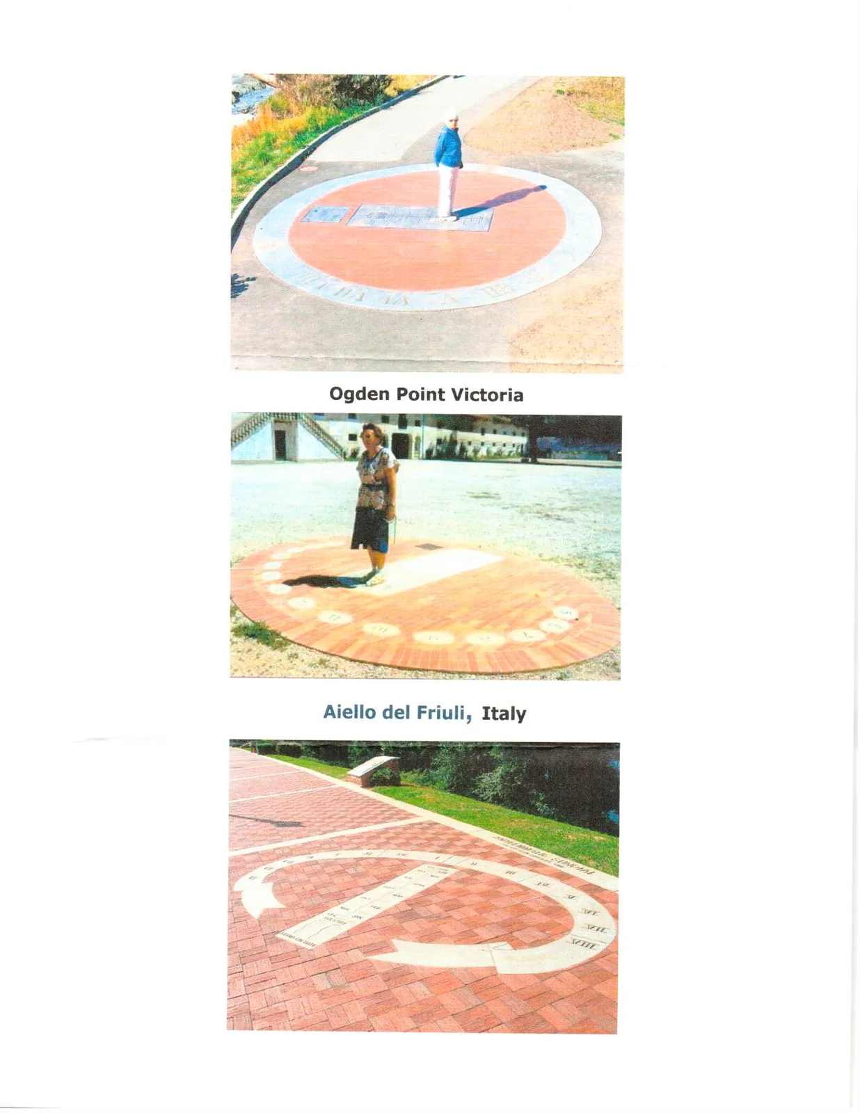 A person standing on a large circular sundial at Ogden Point, Victoria, casting a long shadow on the pavement.