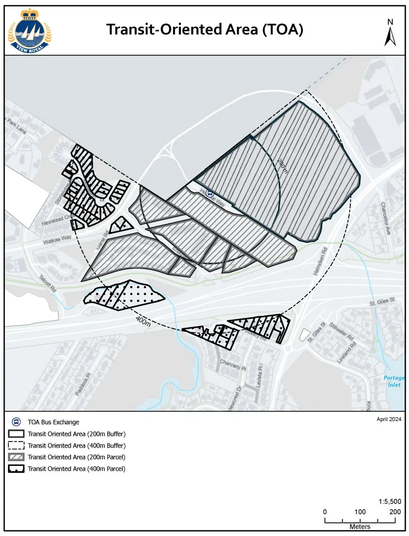 Map of the Transit-Oriented Area (TOA) showing 200m and 400m buffer zones and identified parcels near Helmcken Rd and the E&N Rail Trail.