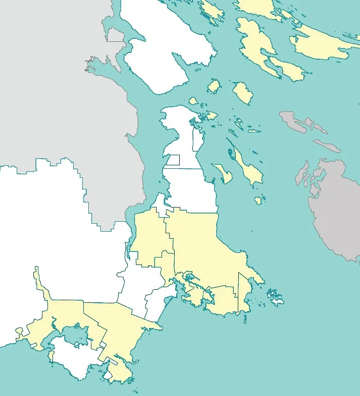 Map of the Capital Regional District showing member jurisdictions: Sooke, Metchosin, Highlands, View Royal, Saanich, Southern Gulf Islands, Esquimalt, Victoria, and Oak Bay