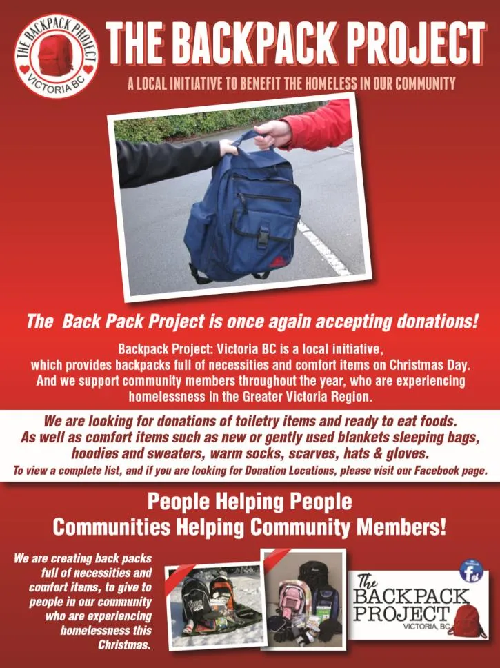 Promotional flyer for The Backpack Project featuring a photo of two people's hands holding a blue backpack