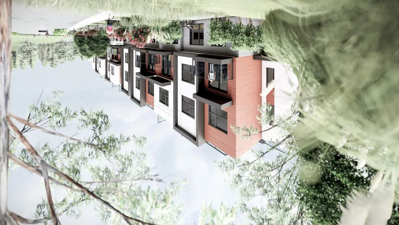 3D architectural rendering showing the proposed townhome development with landscaping and people walking on a sidewalk.