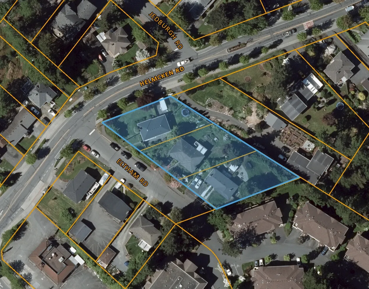 Aerial map showing property parcels with the subject properties highlighted in blue, situated near the intersection of Helmcken Rd, Eltham Rd, and Jedburgh Rd. The map includes a scale bar indicating 43.9 meters.