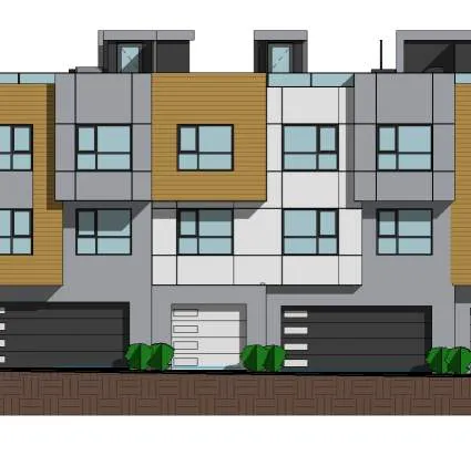 Detail of courtyard elevations showing architectural articulation and landscaping