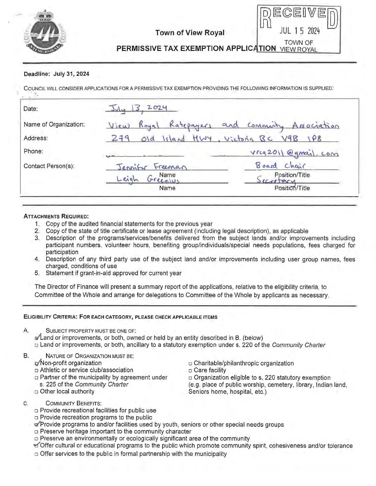 Town of View Royal Permissive Tax Exemption Application filled out by the View Royal Ratepayers and Community Association