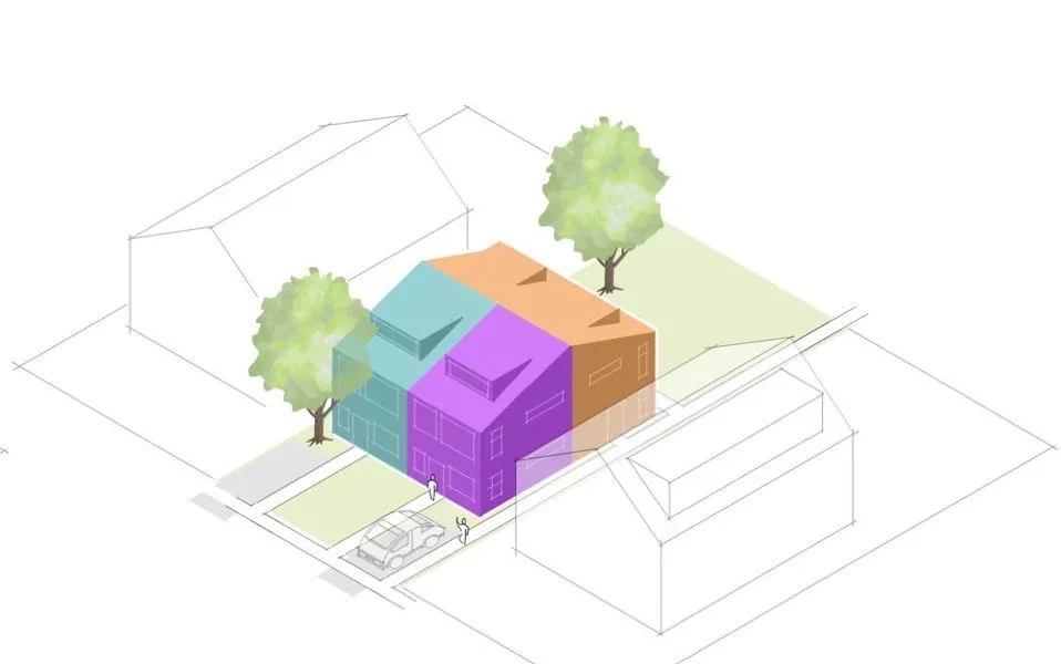 Rendering of a residential building containing 3 to 4 units on a small lot