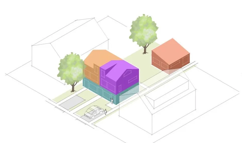 Rendering of a residential building complex containing 4 units on a large lot