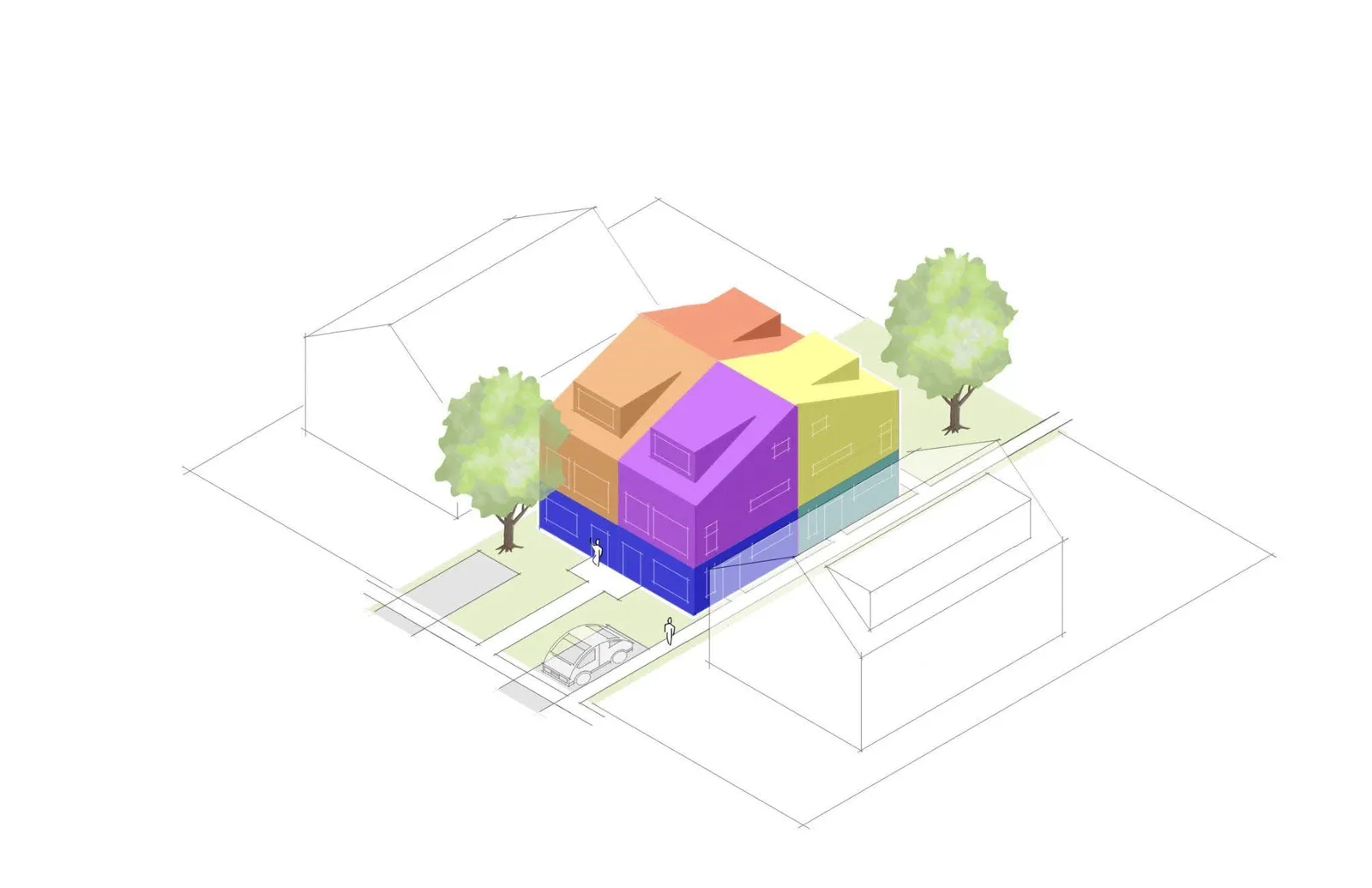 Rendering of a residential building containing 6 units on a lot near transit