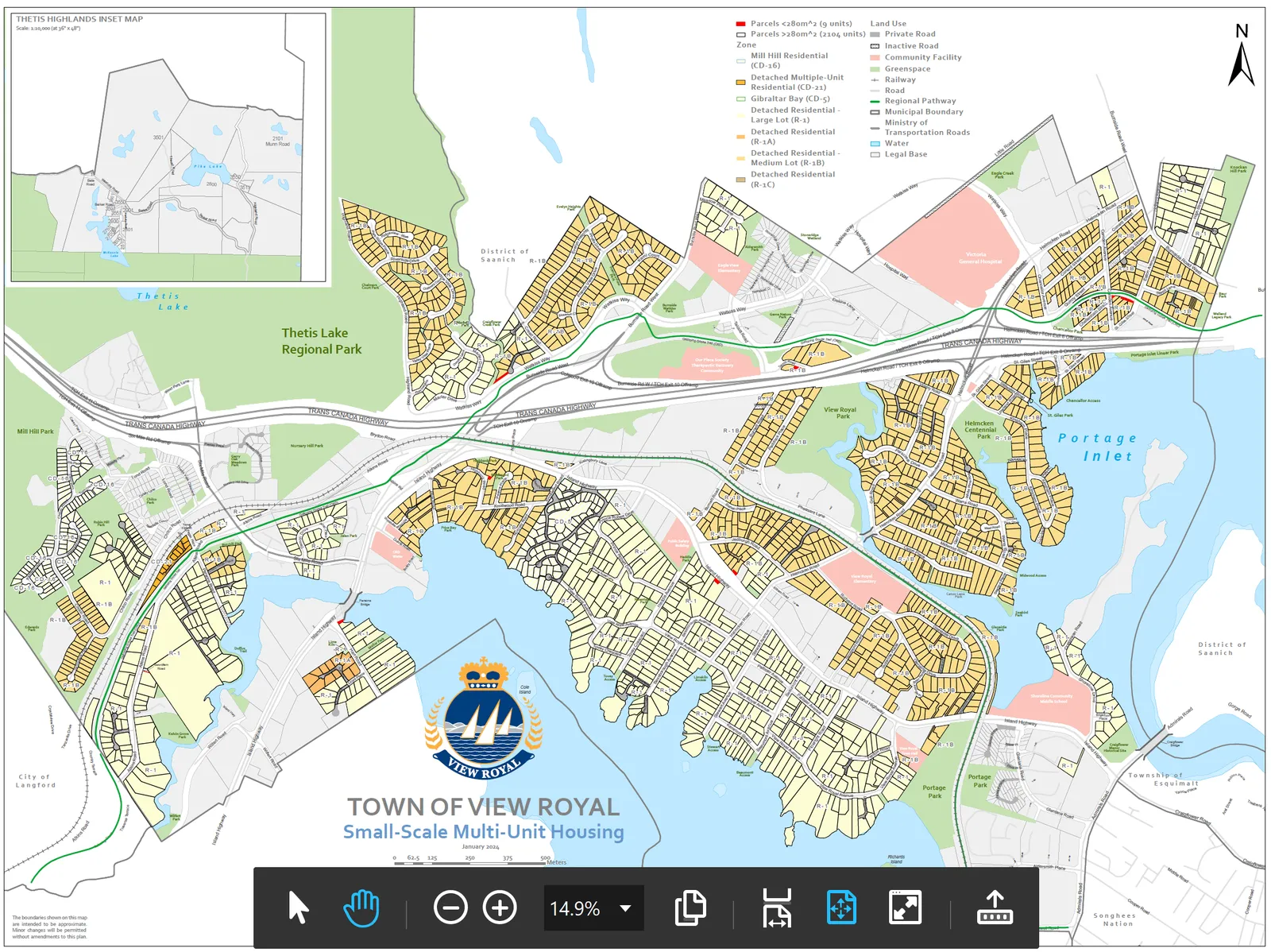 Map of View Royal showing small-scale multi-unit housing parcels
