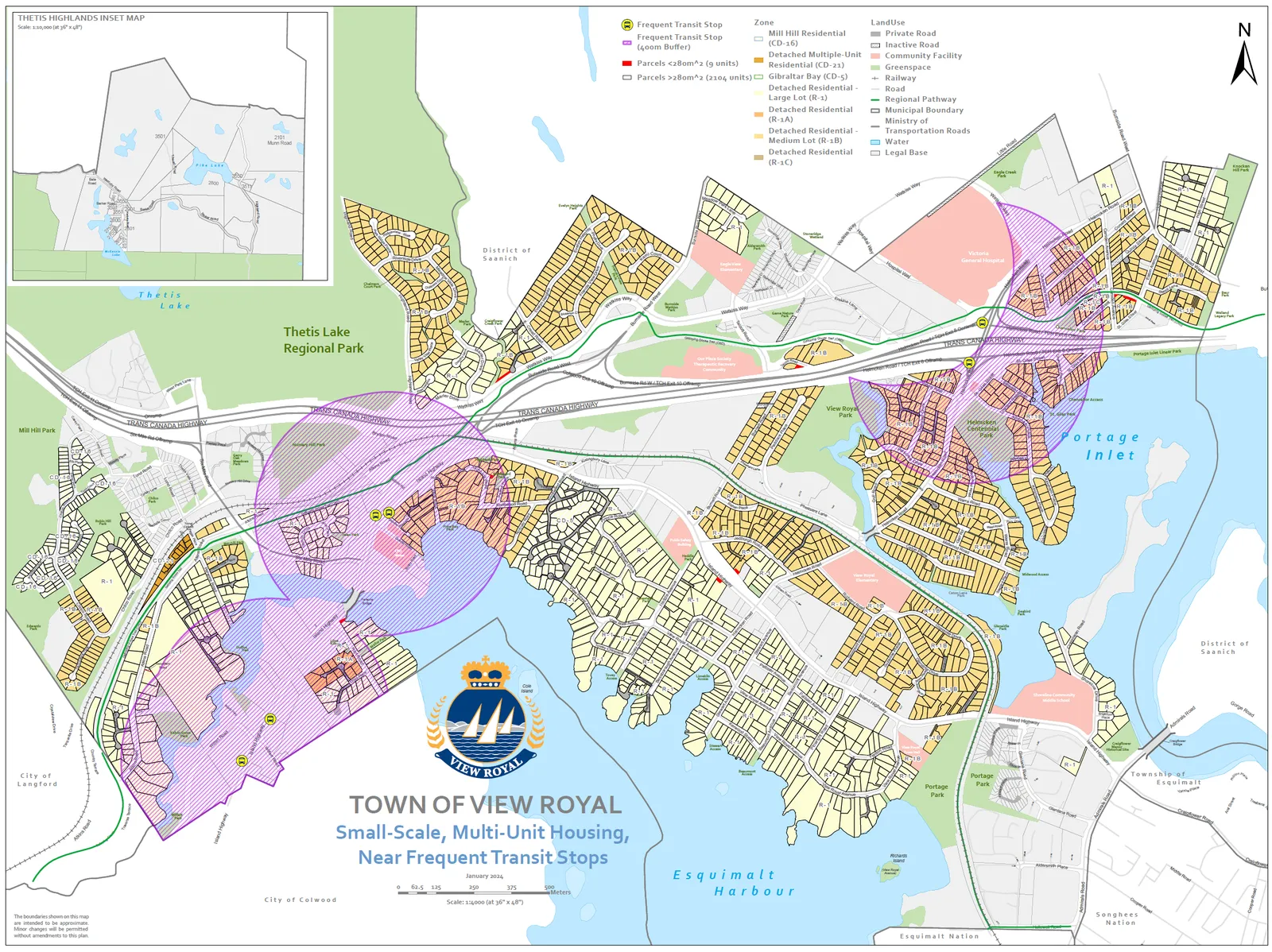 Map of View Royal showing small-scale multi-unit housing near frequent transit stops with 400m buffer zones