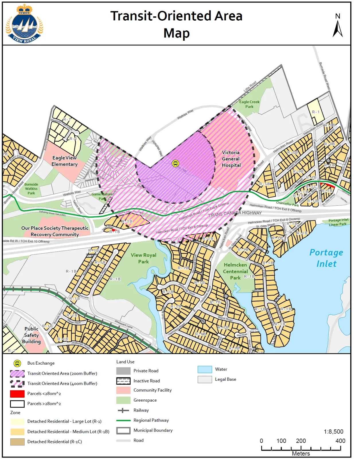 Map showing the 200m and 400m transit-oriented area buffer zones around the Hospital Way bus exchange