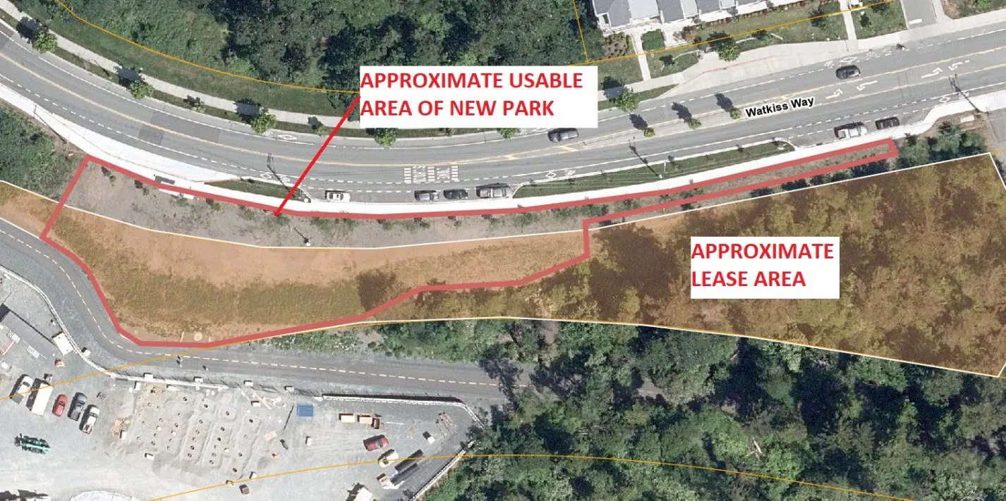 Aerial view of New Watkiss Park Area with labels for Approximate Usable Area of New Park and Approximate Lease Area