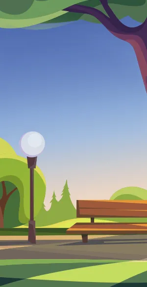 Stylized illustration of a peaceful park scene featuring a large tree, a wooden bench, and a round park lamp post