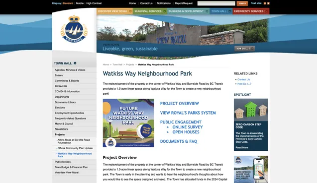 A screenshot of the Town of View Royal project website for the Watkiss Way Neighbourhood Park