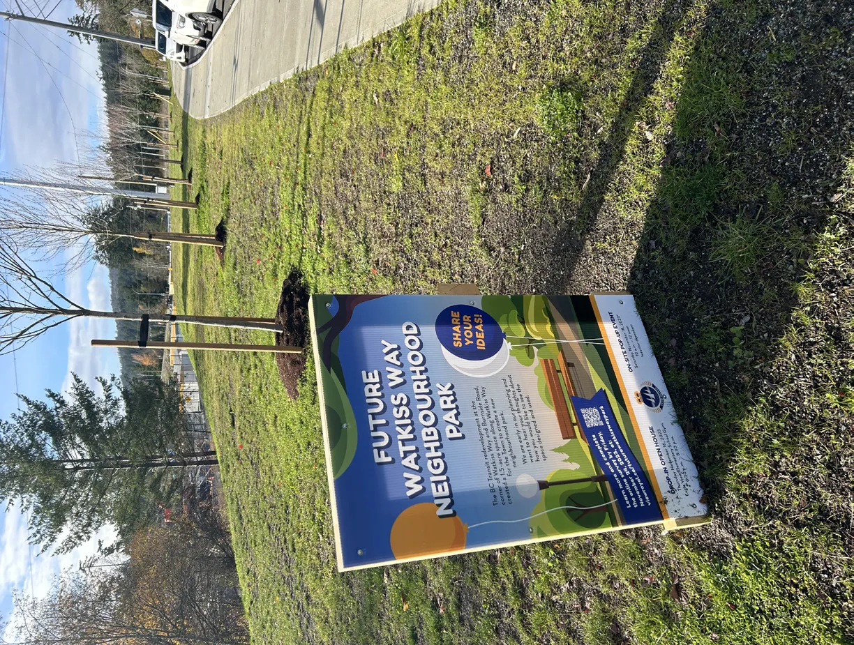 A promotional A-frame sign for the "Future Watkiss Way Neighbourhood Park" project placed on location at the park site