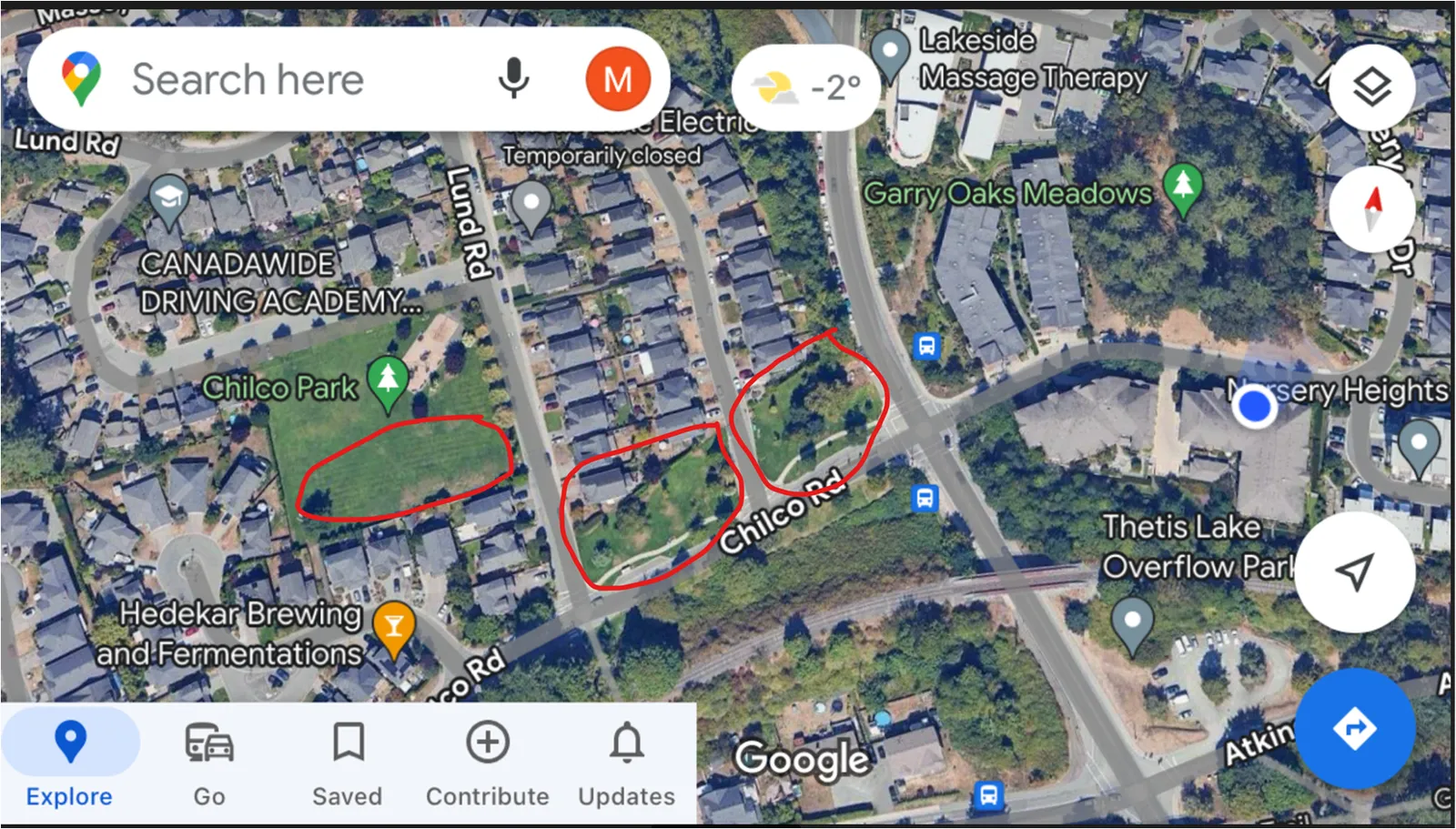 Aerial map view of the Nursery Hill and Chilco Road area with three green spaces circled in red as potential locations for an off-leash dog park.
