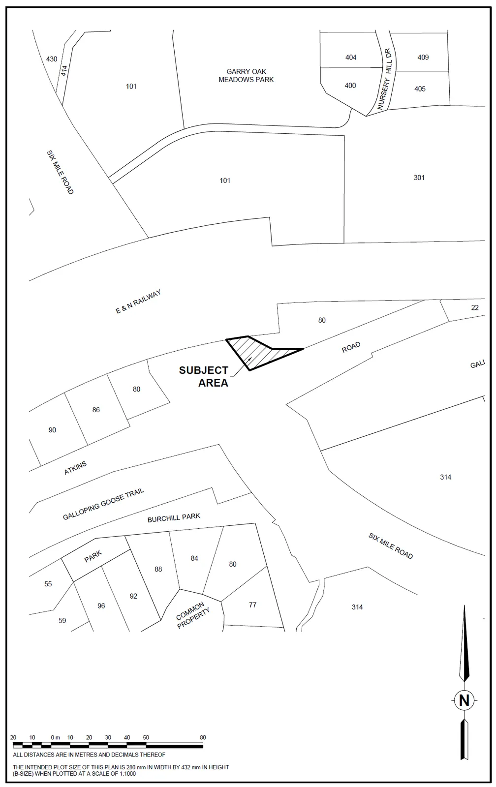 Map showing the "Subject Area" for highway dedication at 80 Atkins Road. The map highlights a hatched area adjacent to the E & N Railway and Atkins Road, near surrounding features including Garry Oak Meadows Park, Burchill Park, Six Mile Road, and the Galloping Goose Trail.