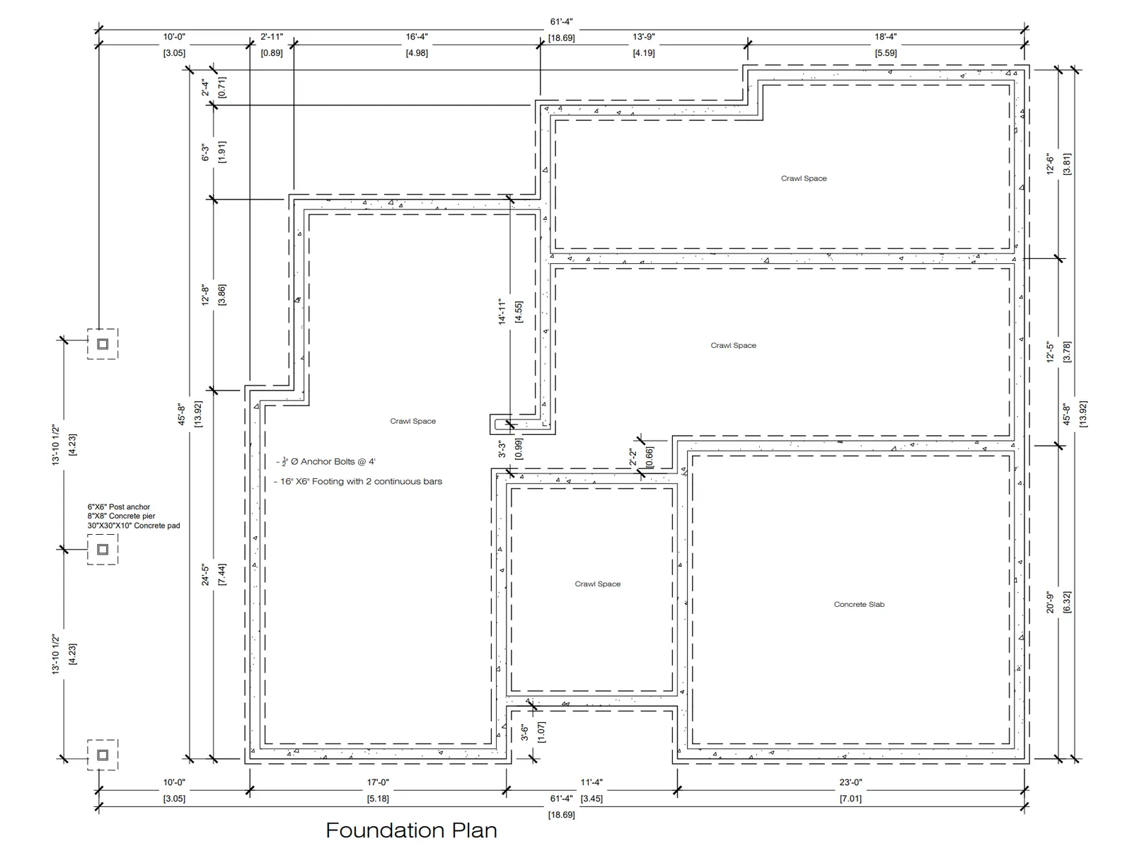 Architectural drawing of the Foundation Plan showing various crawlspace sections and dimensions
