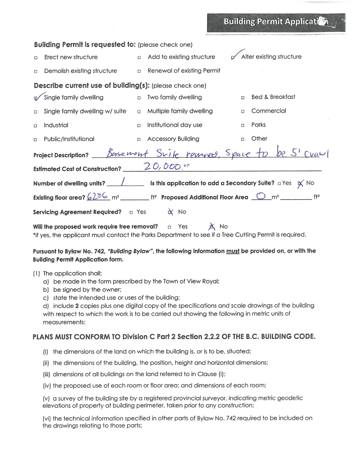 Building Permit Application - Part 2, Project Details and Bylaw Requirements