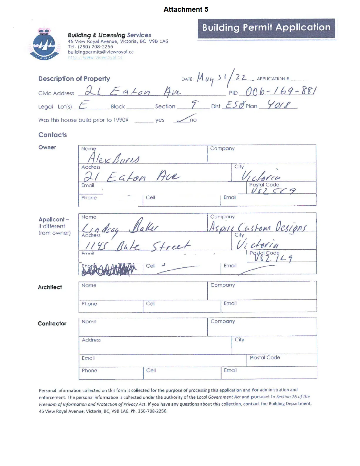 Building Permit Application - Part 1, Property Description and Contacts