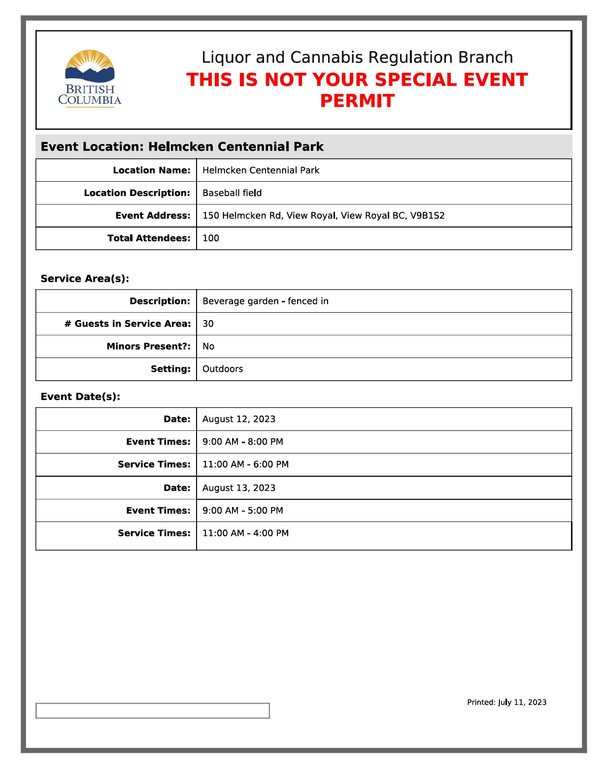 Special Event Permit Application - Event Location, Service Area(s), and Event Date(s)