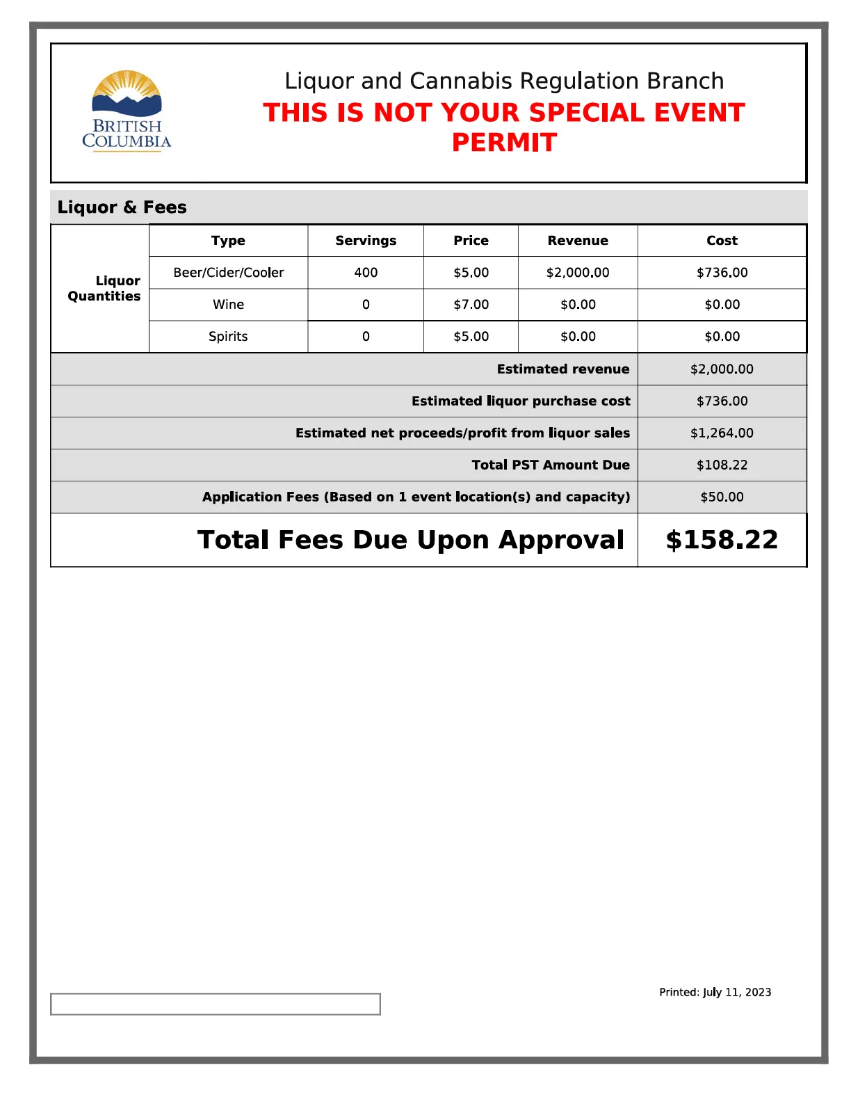 Special Event Permit Application - Liquor & Fees