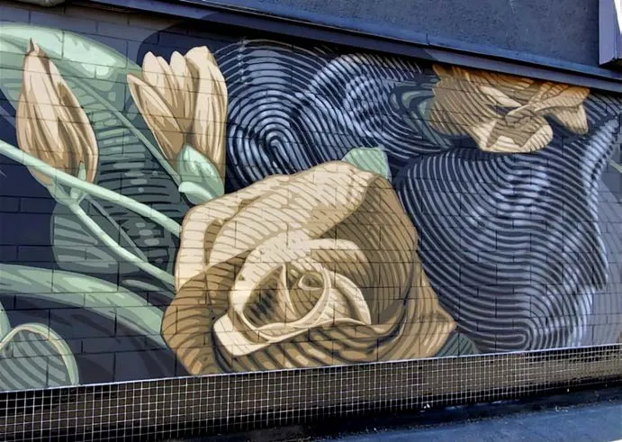 Rendering of Collin Elder's mural proposal showing a large Douglas Fir branch against a dark teal background
