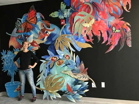 Close-up detail of the Garry Oak and arbutus forest mural design