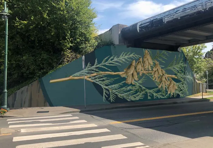 In-situ rendering of Collin Elder's mural proposal for the South East Side featuring a cedar branch and cones
