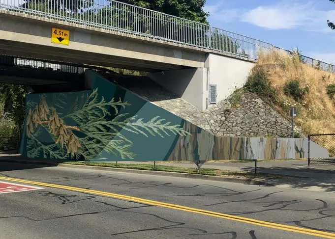 View from under the bridge showing the mural design on the South East wall