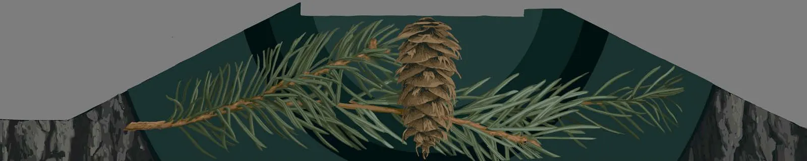 Detailed design rendering of the North West Side mural proposal featuring a Douglas fir branch and cone