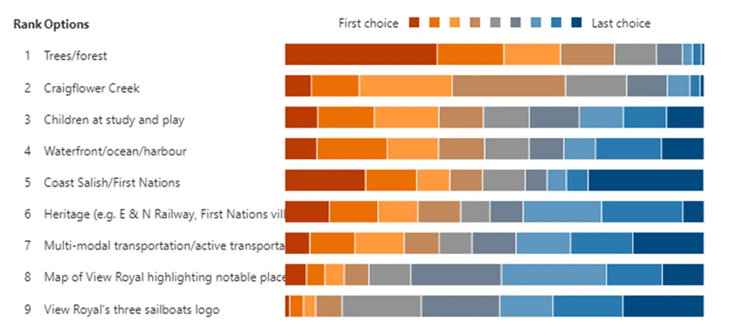 Bar chart showing public engagement results for ranking nine mural design options from first choice to last choice