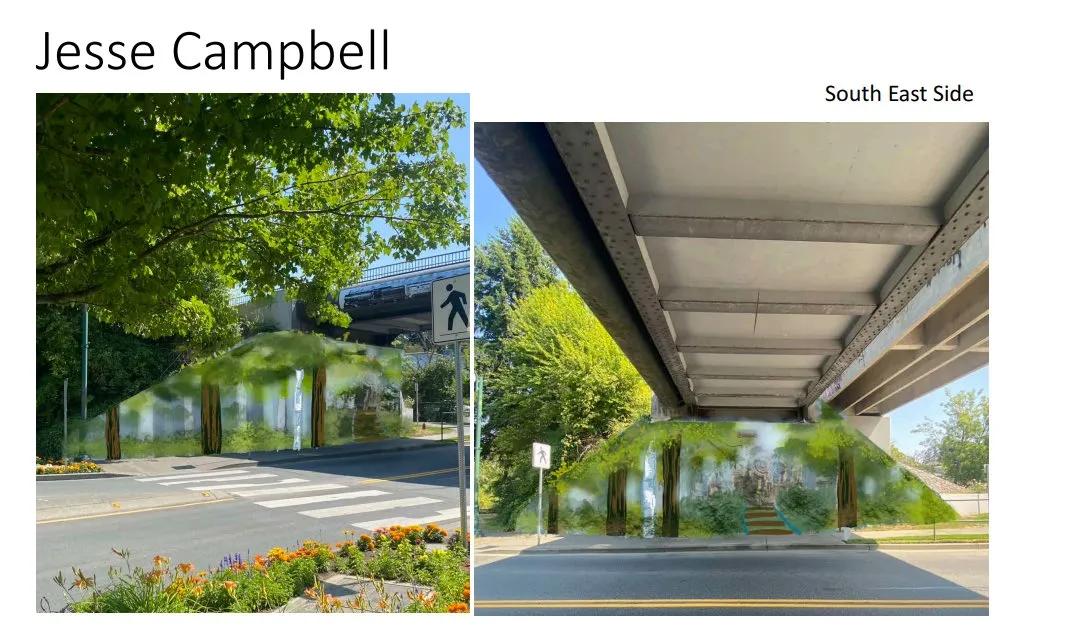 Mural design mockups for the South East side of the trestle by Jesse Campbell