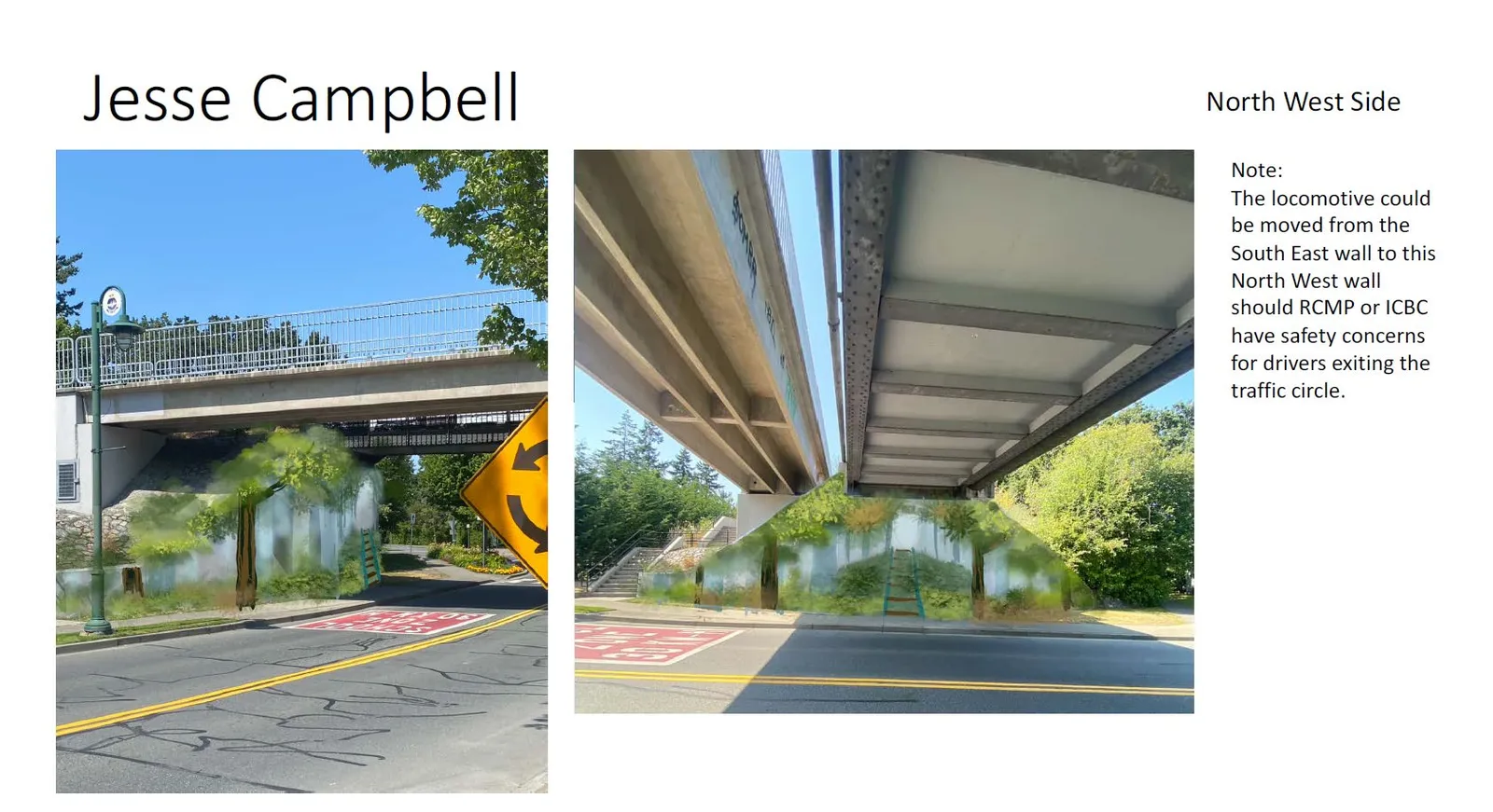 Mural design mockups for the North West side of the trestle by Jesse Campbell
