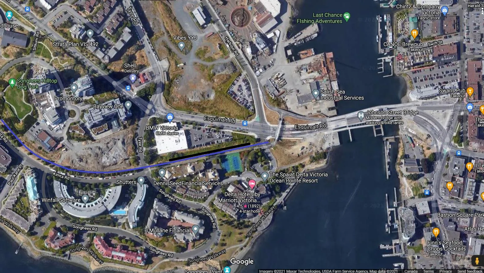 Aerial map of Victoria West area showing the rail line approach to the Johnson Street Bridge for Station Option 1