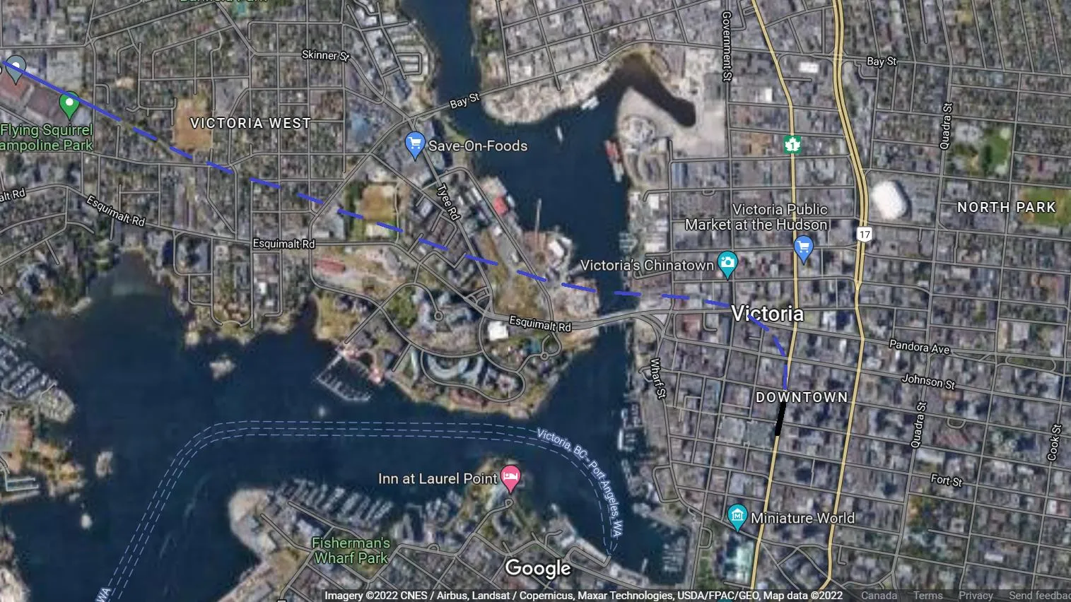 Aerial map of downtown Victoria showing proposed underground tunnel route and station location for Option 2